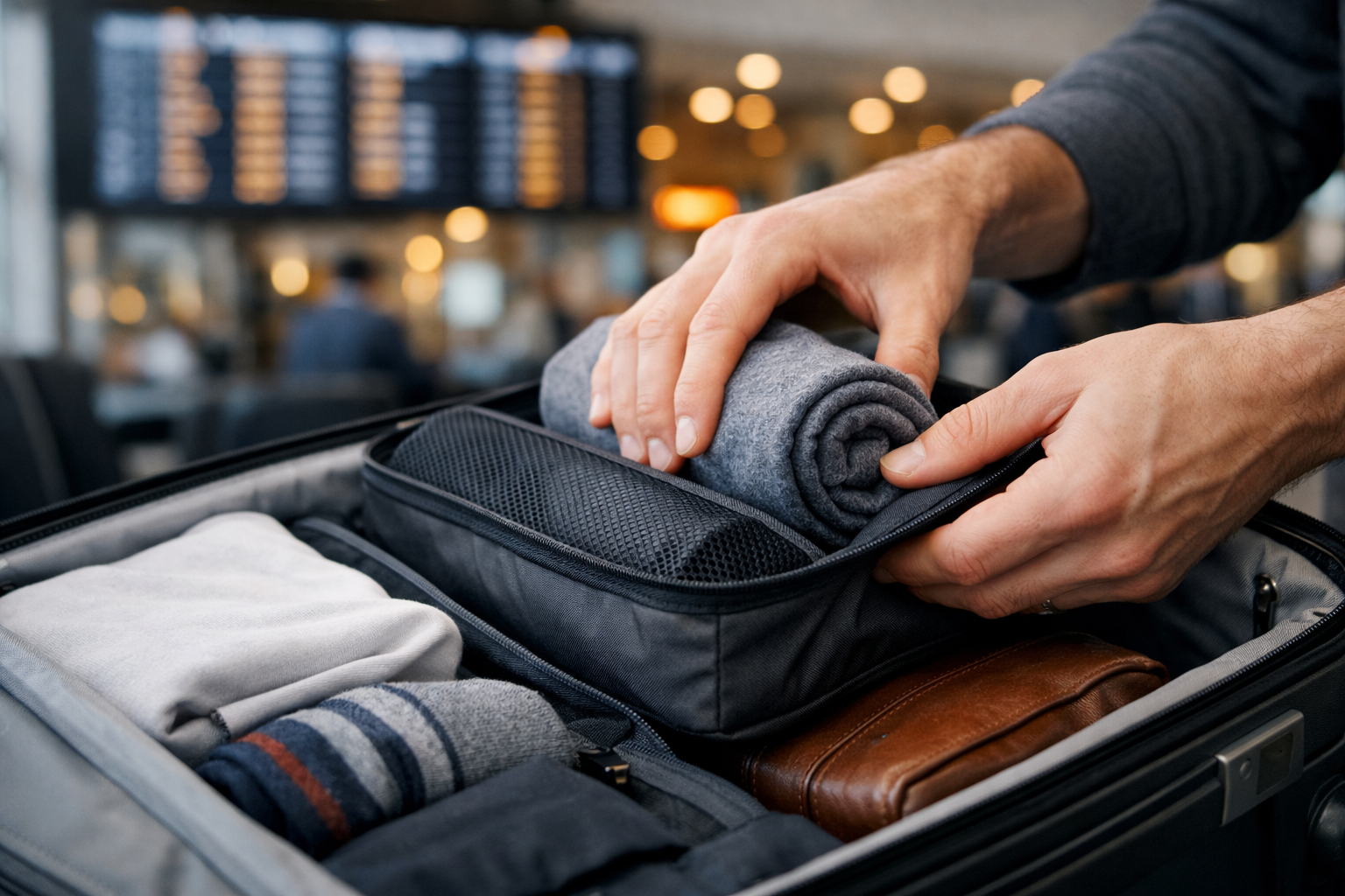 How to Pack a Carry-On for a Two-Week Vacation 3 () close-up side-angle shot of a traveler's hands rolling a merino wool shirt tightly and sliding it into a slim packing