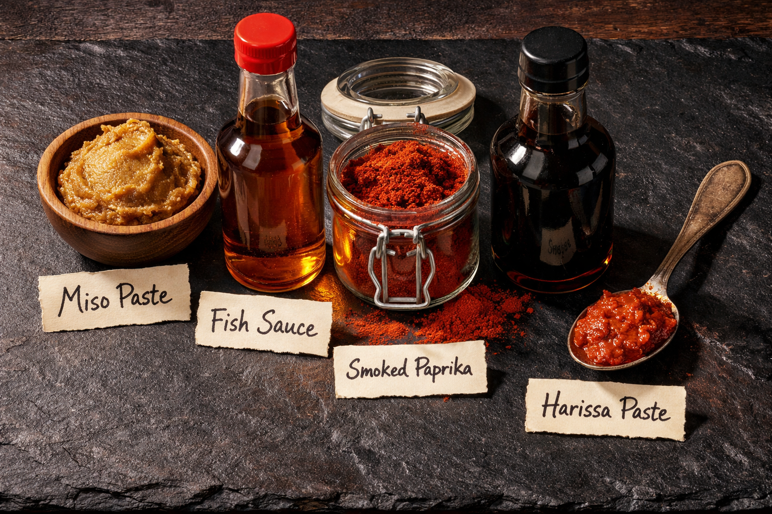 5 Secret Ingredients to Elevate Your Home-Cooked Meals in No Time 2 () close-up overhead flat-lay shot of five secret cooking ingredients on a dark slate surface: miso paste in a small wooden