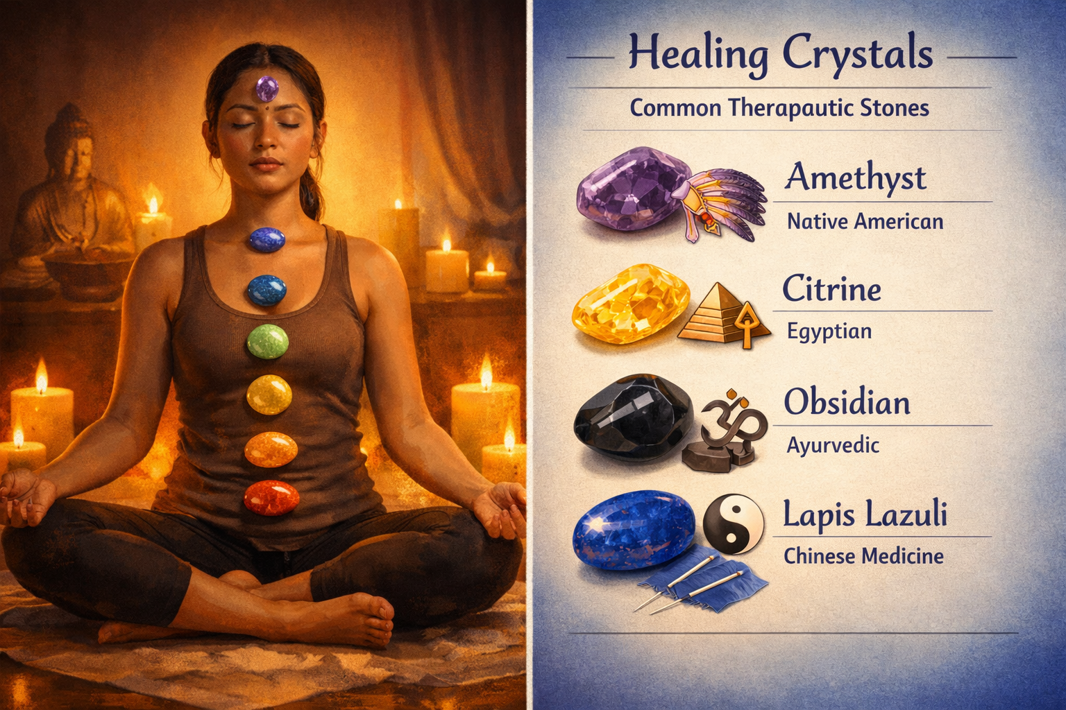 How Therapeutic Stones Can Contribute to Good Health 2 () editorial illustration showing a split-scene comparison: on the left, a person meditating in a candlelit room with smooth
