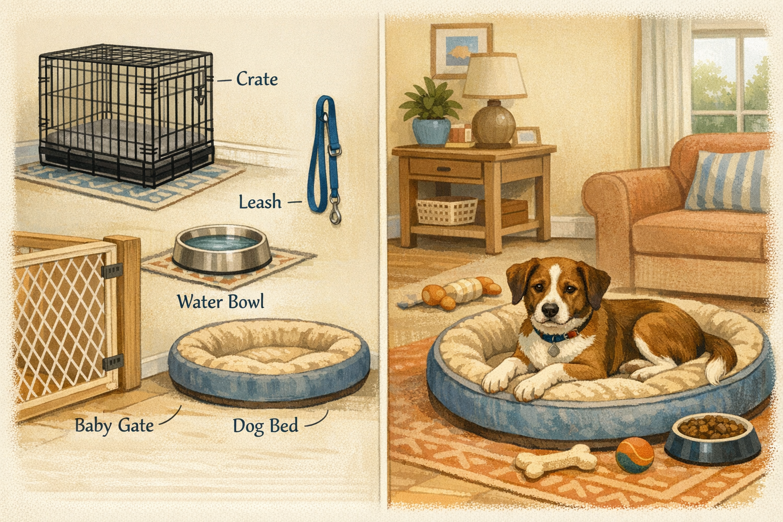 A First-Time Owner's Guide to Adopting a Rescue Dog 2 () detailed infographic-style illustration showing a first-time dog owner's home preparation checklist: a split-scene