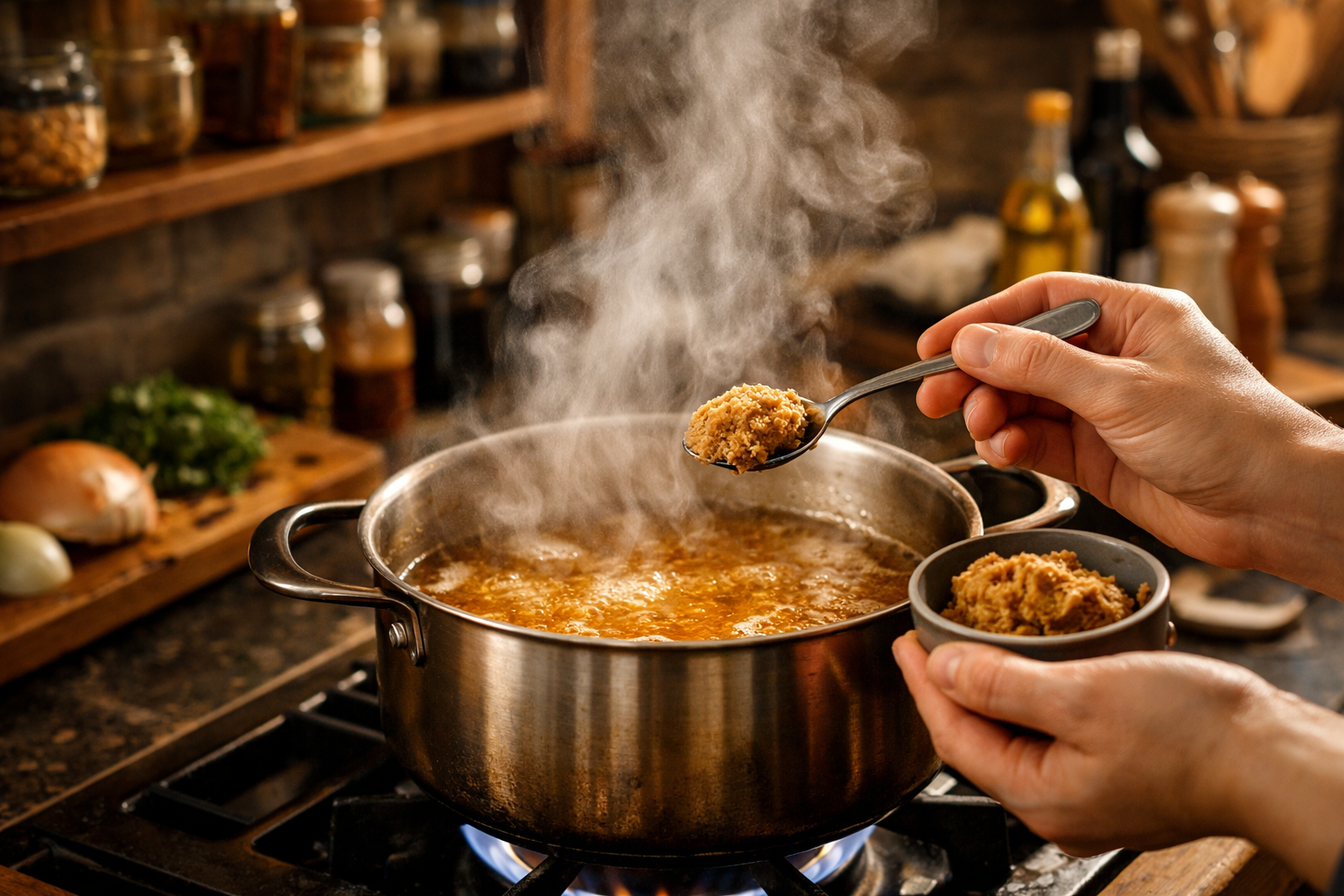 5 Secret Ingredients to Elevate Your Home-Cooked Meals in No Time 3 () dynamic kitchen scene showing a home cook's hands actively using one of the secret ingredients — adding a small spoonful