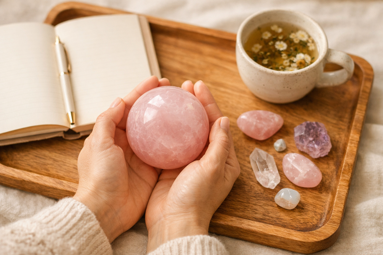 How Therapeutic Stones Can Contribute to Good Health 3 () editorial image showing a close-up overhead view of a person's hands holding a single large polished rose quartz sphere