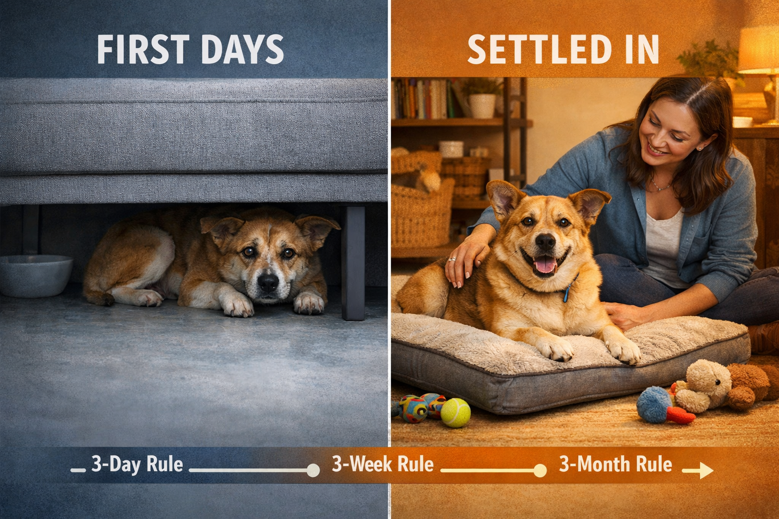 A First-Time Owner's Guide to Adopting a Rescue Dog 3 () split comparison table visual showing two rescue dog adjustment scenarios side by side: on the left, a nervous dog hiding