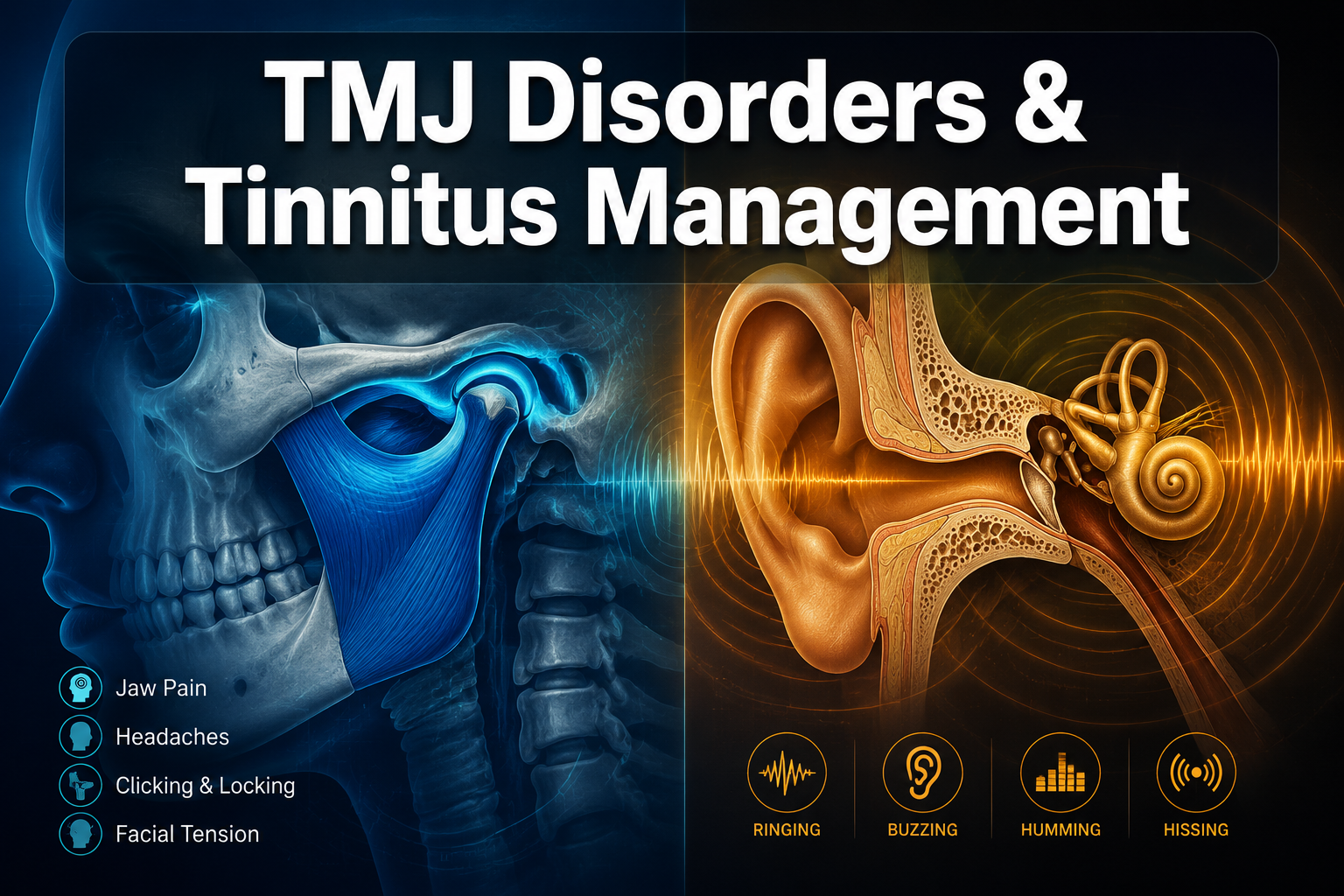 The Connection Between TMJ Disorders and Tinnitus Management: A Complete Guide 2 Professional () hero image with : 'TMJ Disorders & Tinnitus Management' in extra large white with dark drop , centered